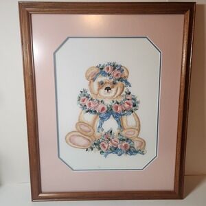 Vintage Framed Teddy Bear Embroidery Floral Wreath Pink Blue Nursery Wall Art